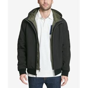 EUC Tommy Hilfiger Black/Green Soft-Shell Hooded Bomber Jacket with Bib. Size M.